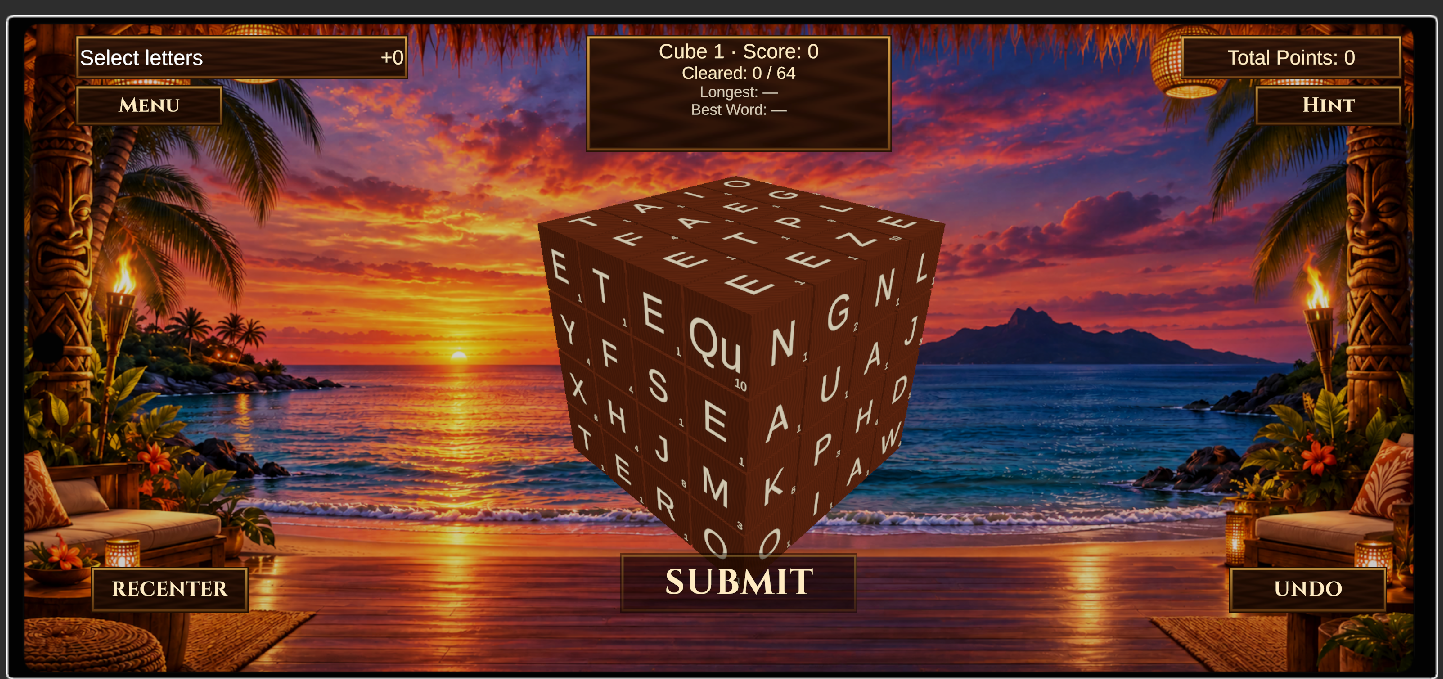 Cubiosity's wooden letter cube in a tropical lounge overlooking an ocean sunset
