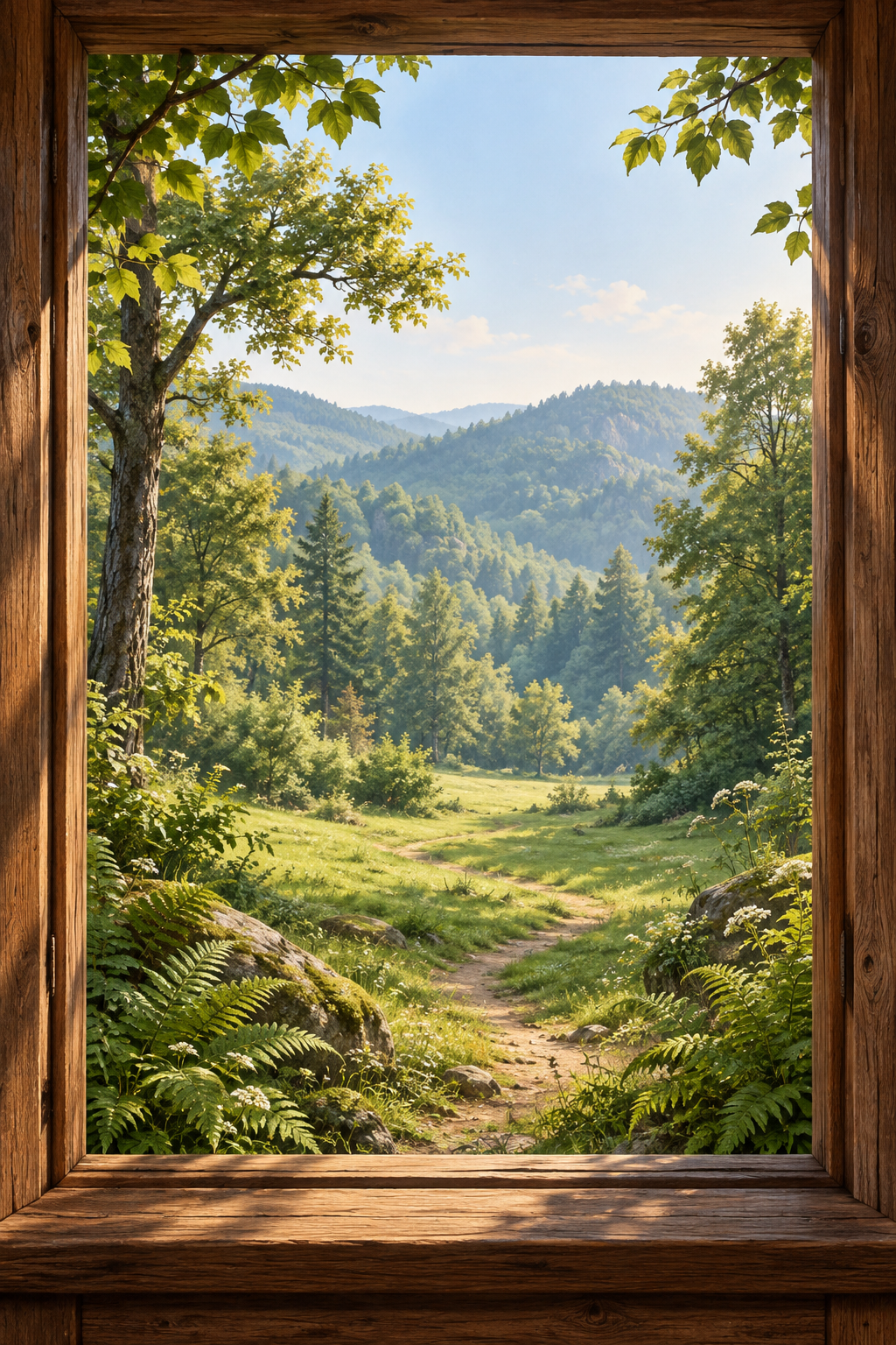 Forest Hideaway theme artwork: a wooden window overlooking a sunlit forest